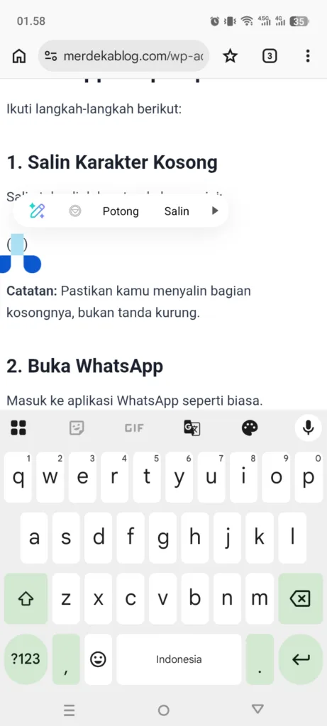 Cara Kirim Chat Kosong di WhatsApp Tanpa Aplikasi, Trik Simpel yang Jarang Diketahui 1 Cara Kirim Chat Kosong di WhatsApp Tanpa Aplikasi