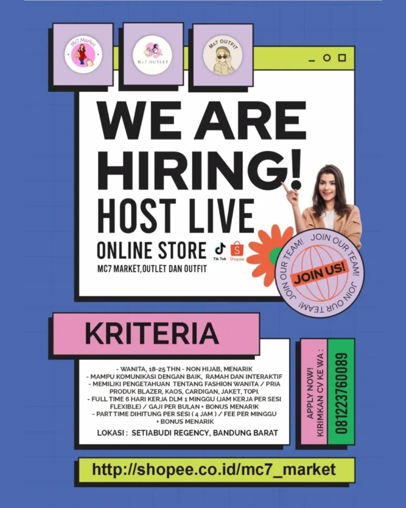 Lowongan Kerja Host Live Online Store MC7 Market Bandung Terbaru, Full Time dan Part Time 2 Lowongan Kerja Host Live Online Store MC7 Market Bandung Terbaru, Full Time dan Part Time